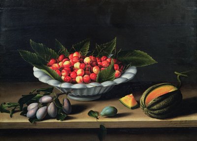 Un cuenco de cerezas con ciruelas y un melón, 1635 de Louise Moillon